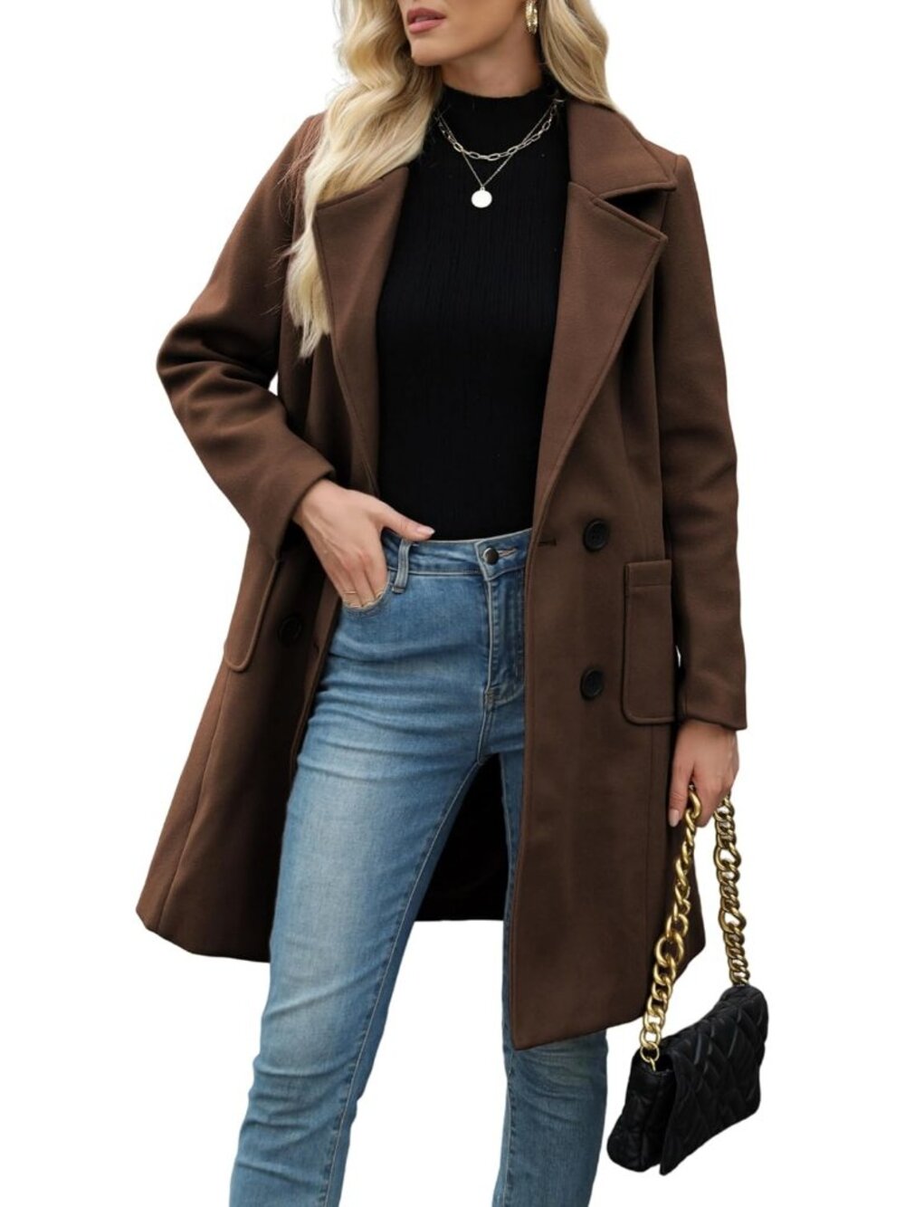 Womens Dark Brown Chic Wool Blend Mid-Long Notch Double-Breasted Trench Pea Coat